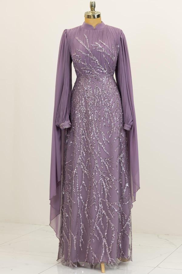 Kolları Pelerinli Ezgi Tesettür Abiye Lila - Image 1