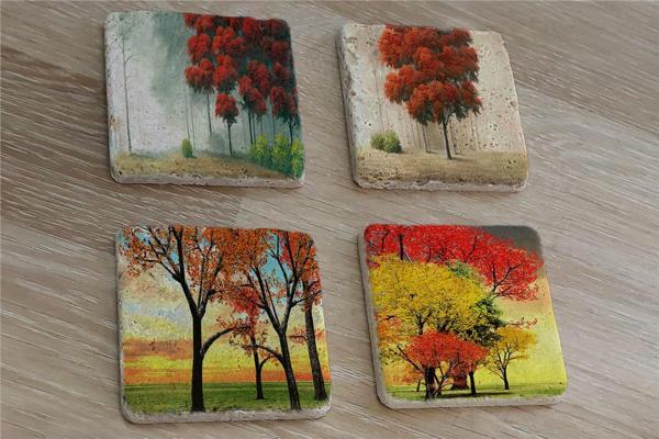 Kırmızı Ağaçlar Doğal Taş Bardak Altlığı 4'lü set - Natural Stone Coasters - Image 1