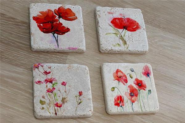 Kırmızı Şakayıklar Doğal Taş Bardak Altlığı 4'lü set - Natural Stone Coasters - Image 1