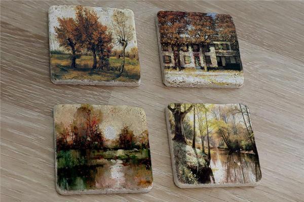 Sonbahar Ağaçlı Manzaralar Doğal Taş Bardak Altlığı 4'lü set - Natural Stone Coasters - Image 1