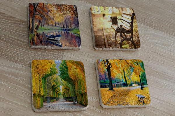 Sonbahar Manzaraları Doğal Taş Bardak Altlığı 4'lü set - Natural Stone Coasters - Image 1