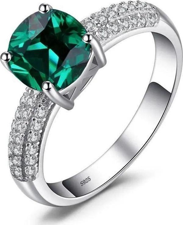 Zümrüt Taşlı Diamond Yarımtur Tektaş Kadın Gümüş Yüzük - Image 1