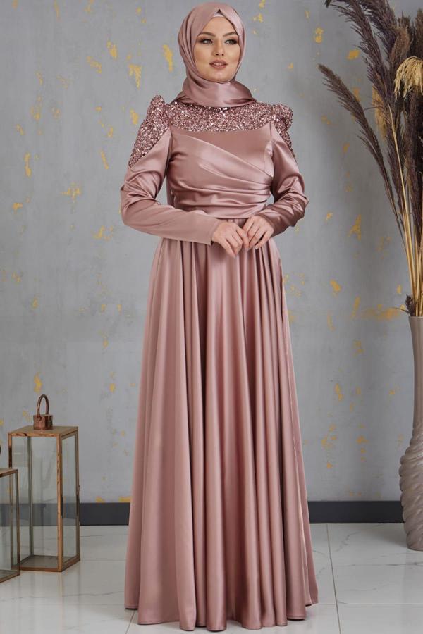 Bersu Önü Pul Boncuk İşlemeli Tesettür Abiye Vizon - Image 1