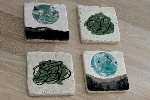 Soyut Tasarım ve Manzara Doğal Taş Bardak Altlığı 4'lü set - Natural Stone Coasters - Image 1