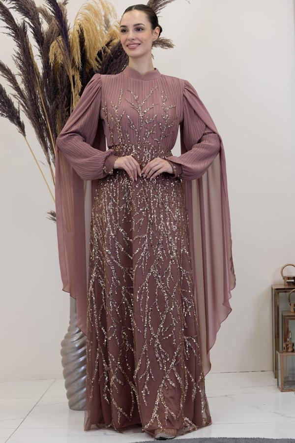 Kolları Pelerinli Ezgi Tesettür Abiye Gül Kurusu - Image 1