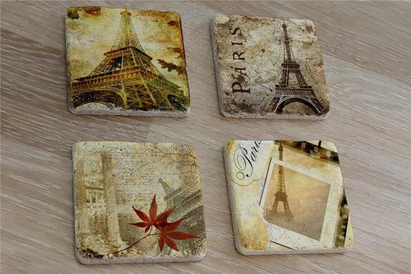 Kolaj Eyfel ve Paris Doğal Taş Bardak Altlığı 4'lü set - Natural Stone Coasters - Image 1