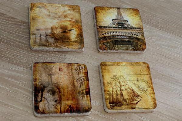 Kolaj Rönesans Eyfel Kulesi ve Eski Savaş Gemisi Doğal Taş Bardak Altlığı 4'lü set - Natural Stone Coasters - Image 1
