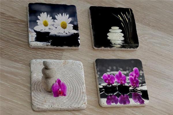 Spa Taşları Papatya ve Orkide Doğal Taş Bardak Altlığı 4'lü set - Natural Stone Coasters - Image 1