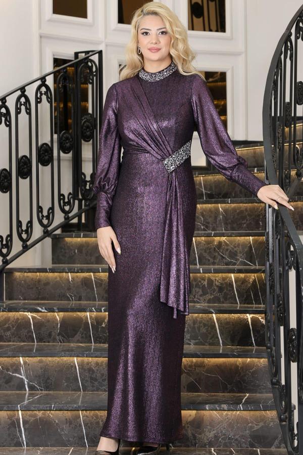 Açelya Sarkaçlı Taşlı Tesettür Abiye Mor - Image 1