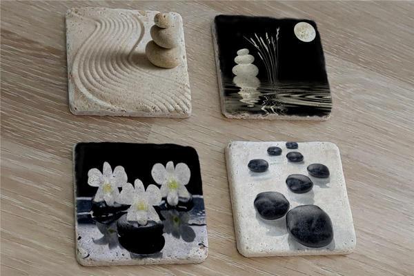 Spa Taşları ve Kiraz Çiçeği Doğal Taş Bardak Altlığı 4'lü set - Natural Stone Coasters - Image 1