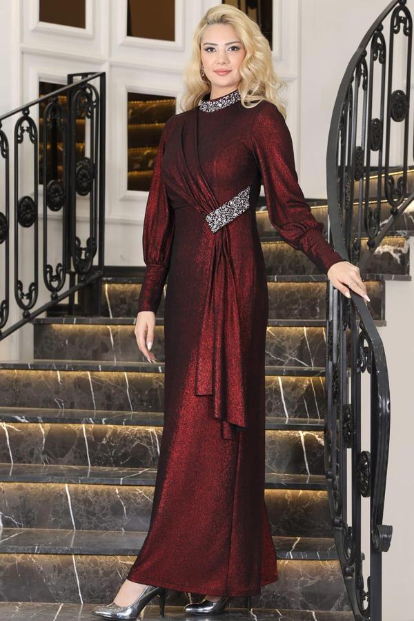 Açelya Sarkaçlı Taşlı Tesettür Abiye Bordo - Image 1