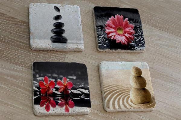Spa Taşları ve Kırmızı Gerbera Çiçeği Doğal Taş Bardak Altlığı 4'lü set - Natural Stone Coasters - Image 1