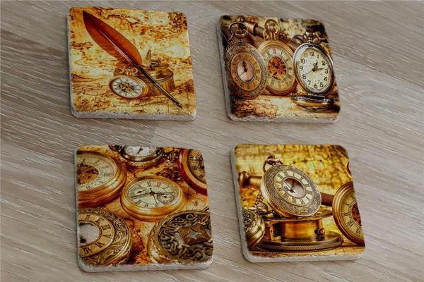 Köstekli Saatler Doğal Taş Bardak Altlığı 4'lü set - Natural Stone Coasters - Image 1
