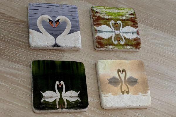 Kuğular Doğal Taş Bardak Altlığı 4'lü set - Natural Stone Coasters - Image 1