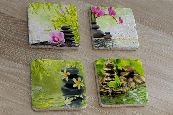 Spa Taşları ve Orkide Doğal Taş Bardak Altlığı 4'lü set - Natural Stone Coasters - Image 1