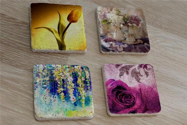 Lale ve Çiçekler Doğal Taş Bardak Altlığı 4'lü set - Natural Stone Coasters - Image 1