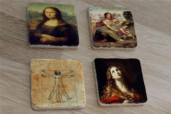 Leonardo Da Vinci Monalisa ve  Eserleri Doğal Taş Bardak Altlığı 4'lü set - Natural Stone Coasters - Image 1