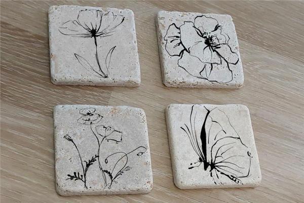 Line Art Çiçek ve Kelebek Doğal Taş Bardak Altlığı 4'lü set - Natural Stone Coasters - Image 1