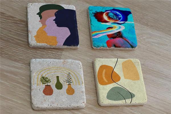 Tasarım Figür Line Art ve Objeler Doğal Taş Bardak Altlığı 4'lü set - Natural Stone Coasters - Image 1