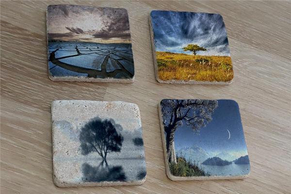 Tek Ağaçlı Manzaralar Doğal Taş Bardak Altlığı 4'lü set - Natural Stone Coasters - Image 1