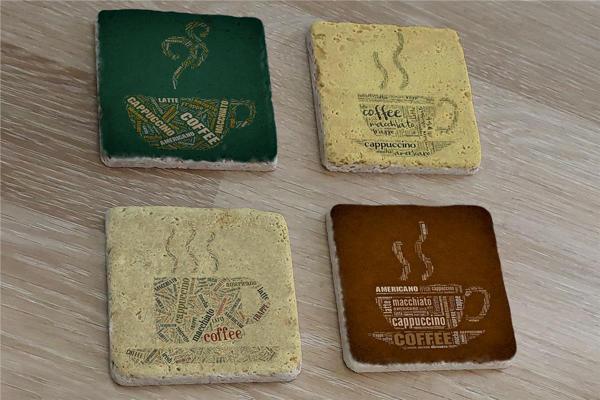 Tipografik Kahve Desenleri Doğal Taş Bardak Altlığı 4'lü set - Natural Stone Coasters - Image 1
