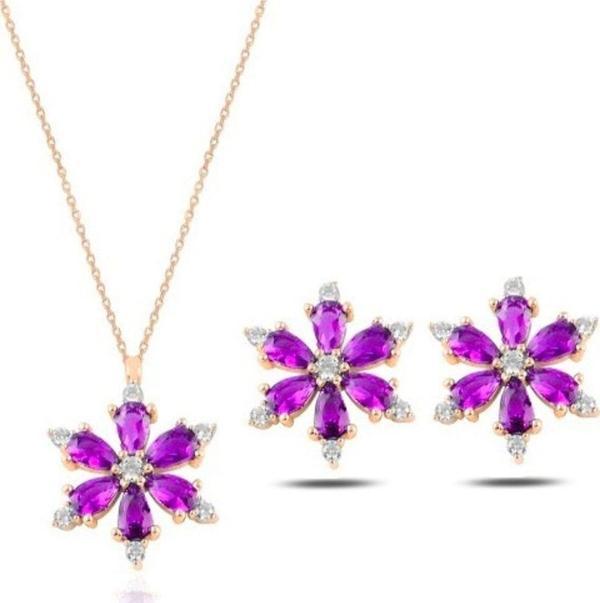Brezza Lusso 925 Ayar Lotus Çiçeği Ametist Taşlı Rose Bayan Kolye Küpe Set - Image 1