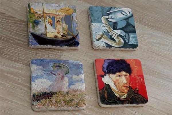 Van Gogh Claude Monet ve Saksafon Çalan Adam Doğal Taş Bardak Altlığı 4'lü set - Natural Stone Coasters - Image 1