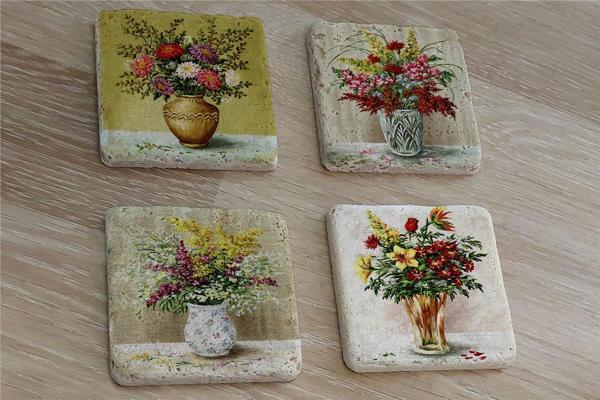 Vazoda Çiçekler Doğal Taş Bardak Altlığı 4'lü set - Natural Stone Coasters - Image 1
