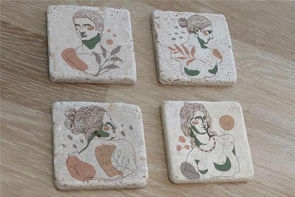 Line Art Heykel Portre Doğal Taş Bardak Altlığı 4'lü set - Natural Stone Coasters - Image 1
