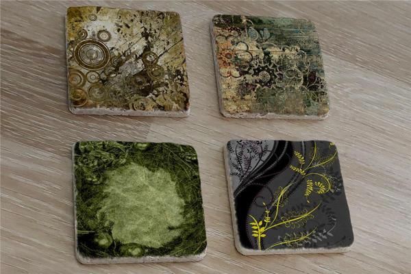 Yeşil Soyut Tasarımlar Doğal Taş Bardak Altlığı 4'lü set - Natural Stone Coasters - Image 1