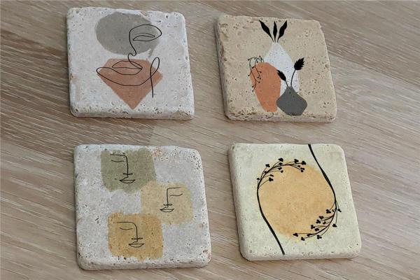 Line Art Obje Bitki Surat Doğal Taş Bardak Altlığı 4'lü set - Natural Stone Coasters - Image 1