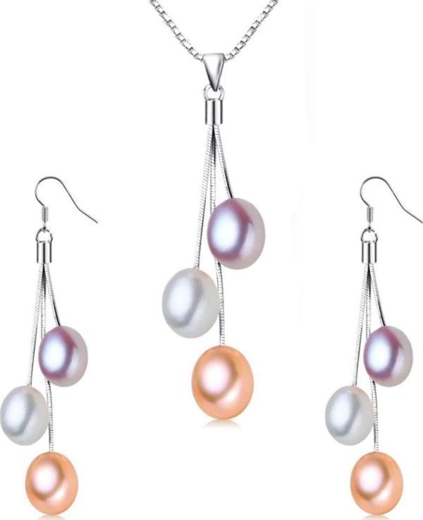 Brezza Lusso Gümüş Zarif Tasarım Tatlı Su İncisi Bayan Kolye Küpe Seti - Image 1