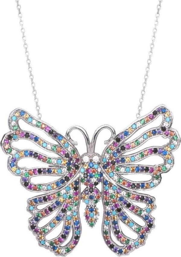 Brezza Lusso 925 Ayar Renkli Taşlı Kelebek Bayan Gümüş Kolye - Image 1