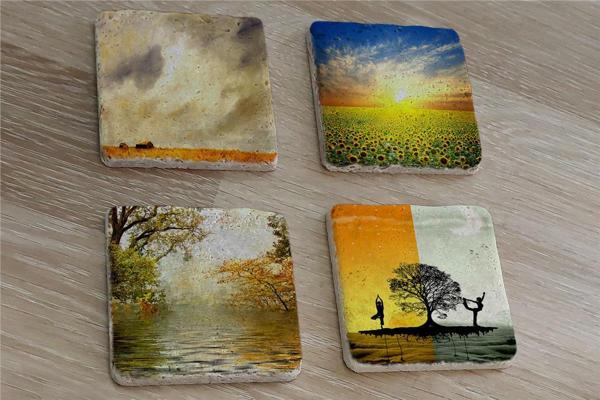 Yoga Denge ve Gün Btımı Manzaralar Doğal Taş Bardak Altlığı 4'lü set - Natural Stone Coasters - Image 1