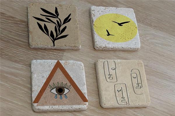 Line Art Surat Kuşlar ve Tasarımlar Doğal Taş Bardak Altlığı 4'lü set - Natural Stone Coasters - Image 1