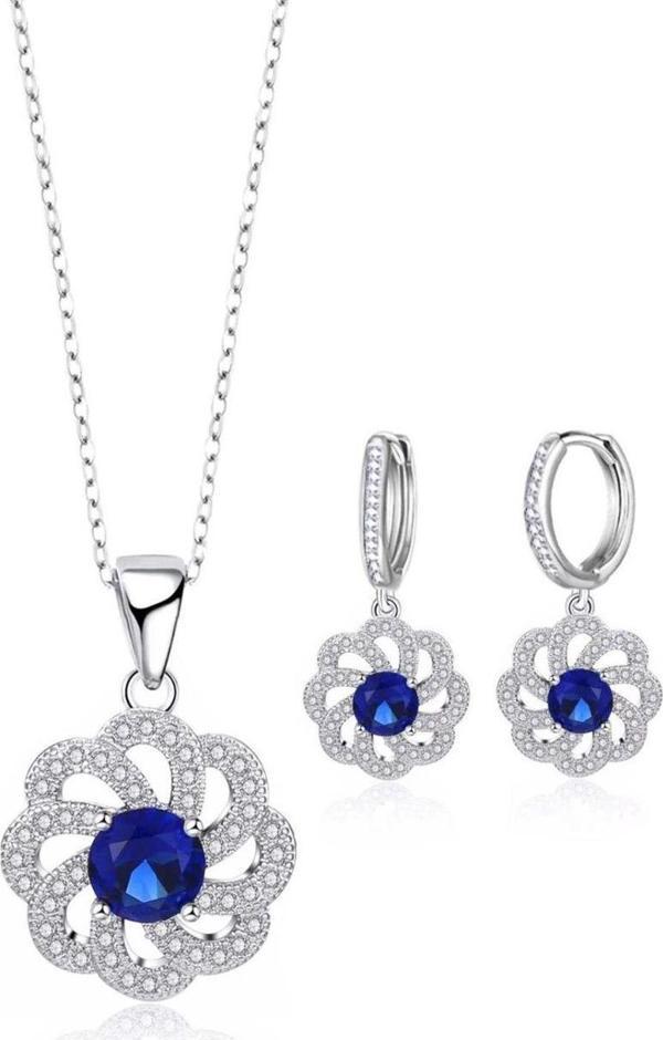 Brezza Lusso Gümüş Lüks Mavi Safir Taşlı Çiçek Model Bayan Kolye Küpe Set - Image 1