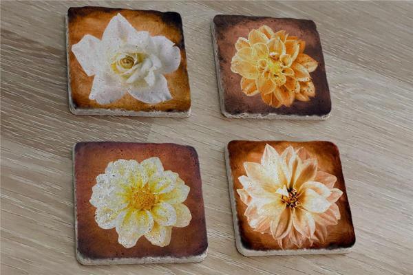 Lotus ve Gül Doğal Taş Bardak Altlığı 4'lü set - Natural Stone Coasters - Image 1