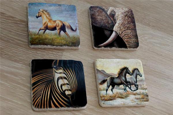Zebra Fil ve Atlar Doğal Taş Bardak Altlığı 4'lü set - Natural Stone Coasters - Image 1