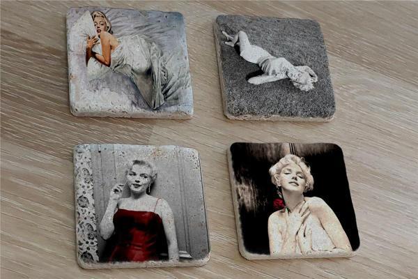 Marilyn Monroe Fotoğrafları Doğal Taş Bardak Altlığı 4'lü set - Natural Stone Coasters - Image 1