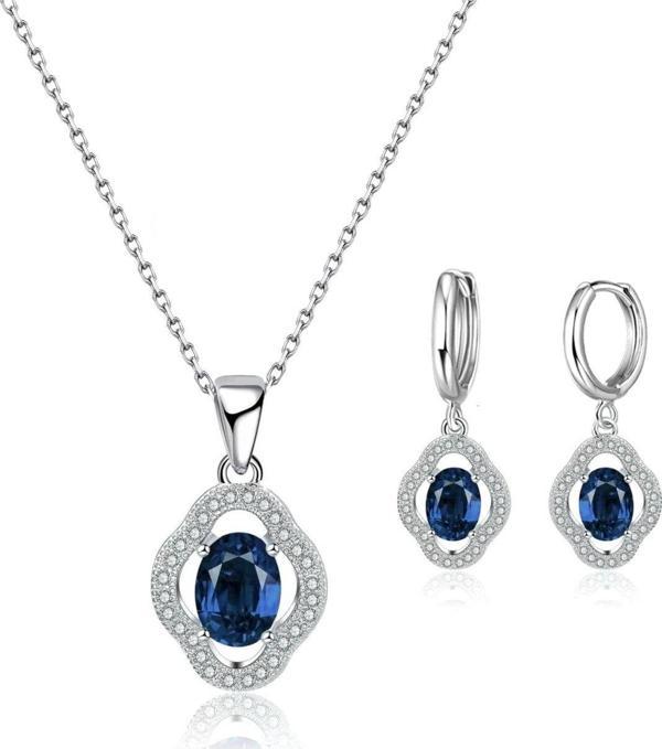 Brezza Lusso Gümüş Safir Taşlı Bayan Kolye Küpe Seti Gümüş Kolye Set - Image 1