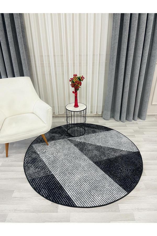 Brillant Gri Renk Geometrik Desen Kaymaz Taban Yolluk Halı - Image 1