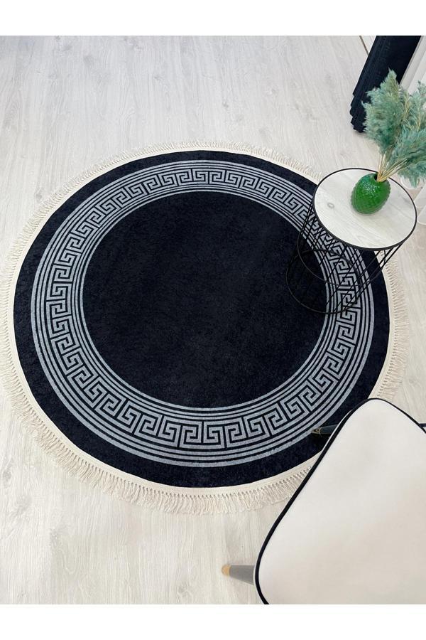 Brillant Lorin Şönil Görünüm Bordürlü  Lateks  Taban  Saçaklı Yuvarlak  Halı - Image 1