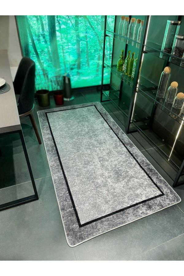 Brillant Gri Jüt Sisal Görünüm Bordürlü Kaymaz Taban Yolluk Mutfak Halı - Image 1