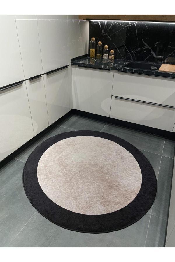 Brillant Geometrik Çizgili Lateks Deri Taban Saçaksız Mutfak Halısı - Bej-Siyah - Image 1