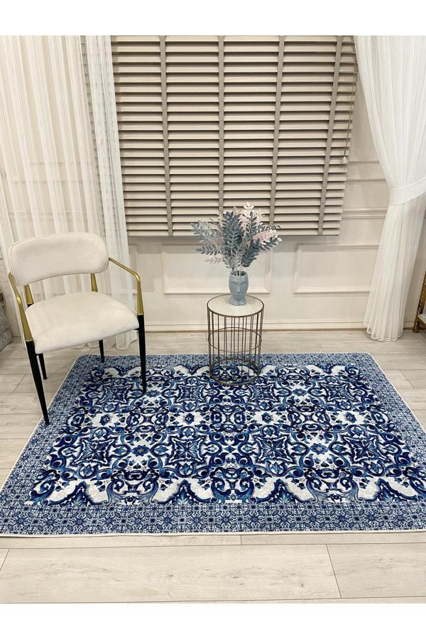 Brillant Lacivert-Gri Blue Blanc Modern Lateks Kaymaz Taban Halı - Image 1