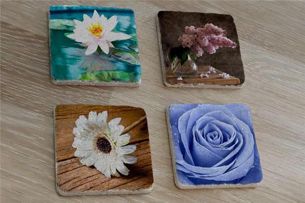 Mavi Gül ve Çiçekler Doğal Taş Bardak Altlığı 4'lü set - Natural Stone Coasters - Image 1