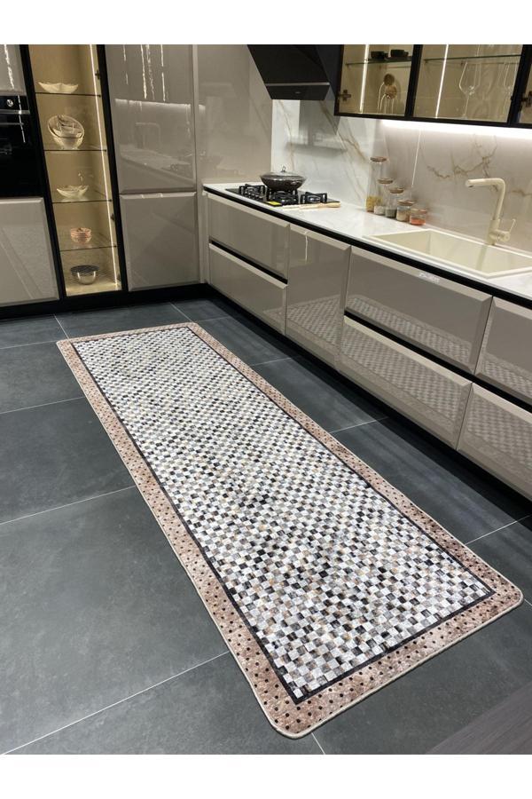 Brillant Robert Dama Desen Leke Tutmaz Mutfak Halı Yolluk - Kahverengi - Image 1