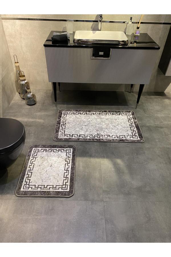 Brillant Lınaro 2'Li Lateks Kaymaz Taban Su Geçirmez Banyo Paspas Takımı (60X100 - 60X50) Gri - Image 1