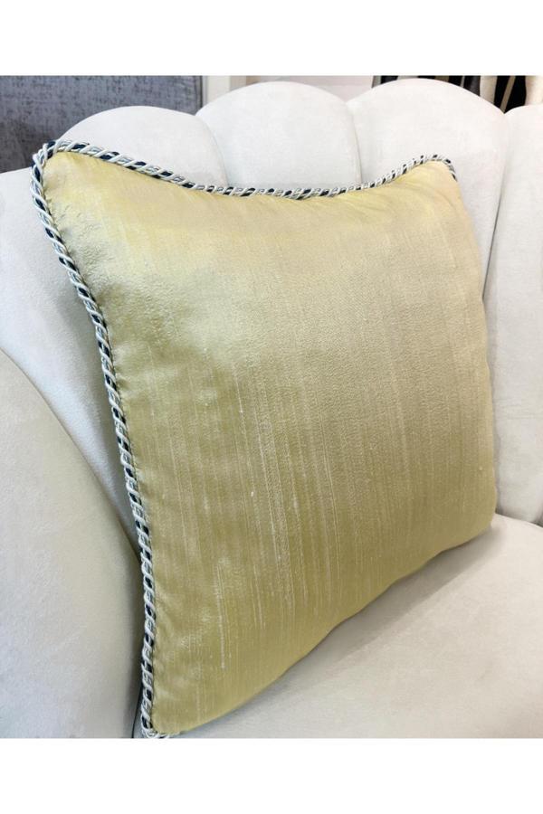 Brillant İthal Ipek (Silk) Kırlent Yastık Kılıfı Kordonlu (45X45 ) (Pastel Sarı) Lacivert Kordon - Image 1