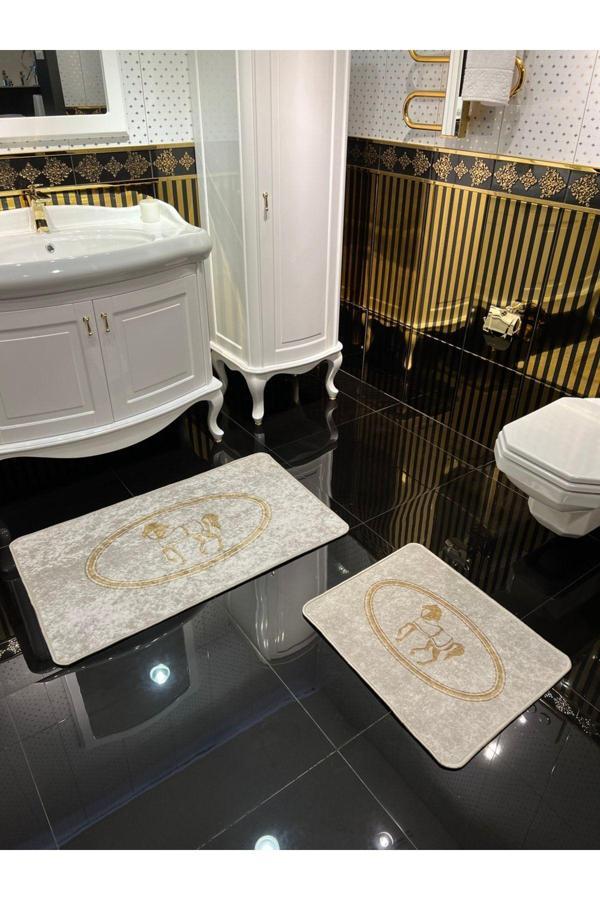 Brillant At Desen Horse Desenli 2'Li Kaymaz Taban Banyo Paspas Takımı (60X100 - 60X50) Gold Altın - Image 1